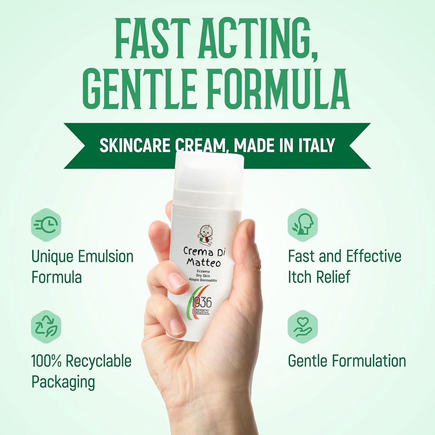 A hand holds a white bottle of 1936 Original's Crema Di Matteo Cream, crafted for eczema, atopic dermatitis, and itchy dry skin suitable for babies, kids, and adults. The text highlights its innovative emulsion formula that provides fast relief from itching while nourishing dry skin. This Italian-made product features 100% recyclable packaging and is formulated with a gentle yet effective approach to skincare.