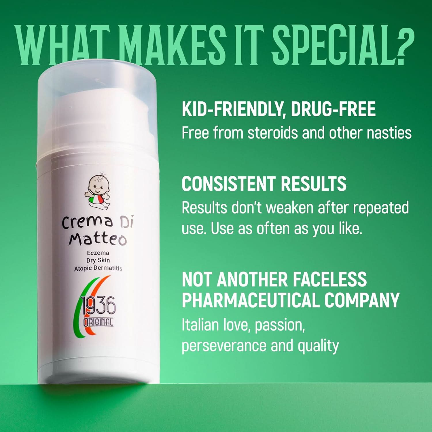 A bottle of 1936 Original's Crema Di Matteo Cream for eczema is displayed against a green background. The text highlights its benefits: suitable for babies, kids, and adults; drug-free; dependable itch relief for dry skin; and being crafted by a passionate Italian company.