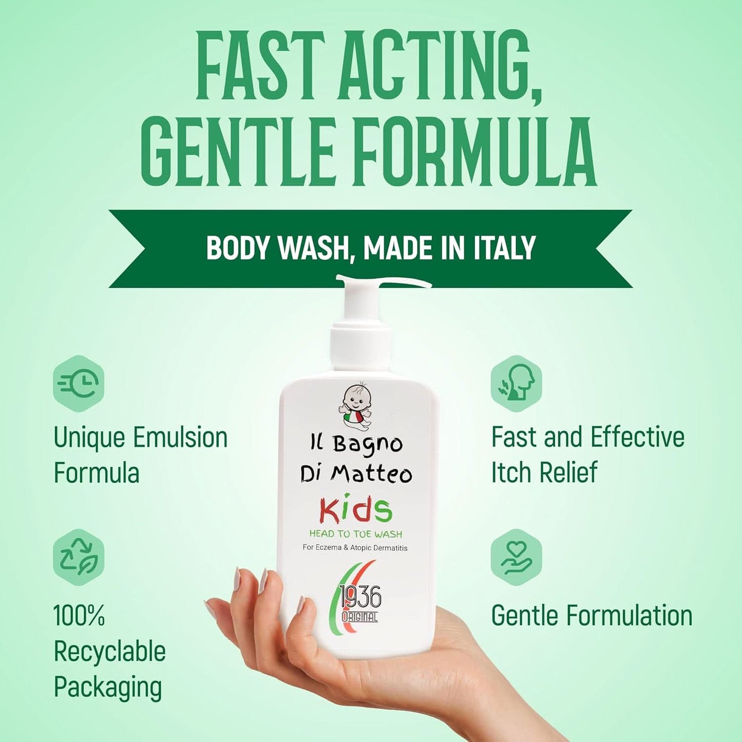 A hand holds a bottle of 1936 Original Il Bagno Body Wash against a green backdrop. The text emphasizes its fast-acting, gentle formulation and unique emulsion for itch relief, packaged in recyclable materials. Expertly crafted in Italy to care for your child's delicate skin using 95% natural ingredients.