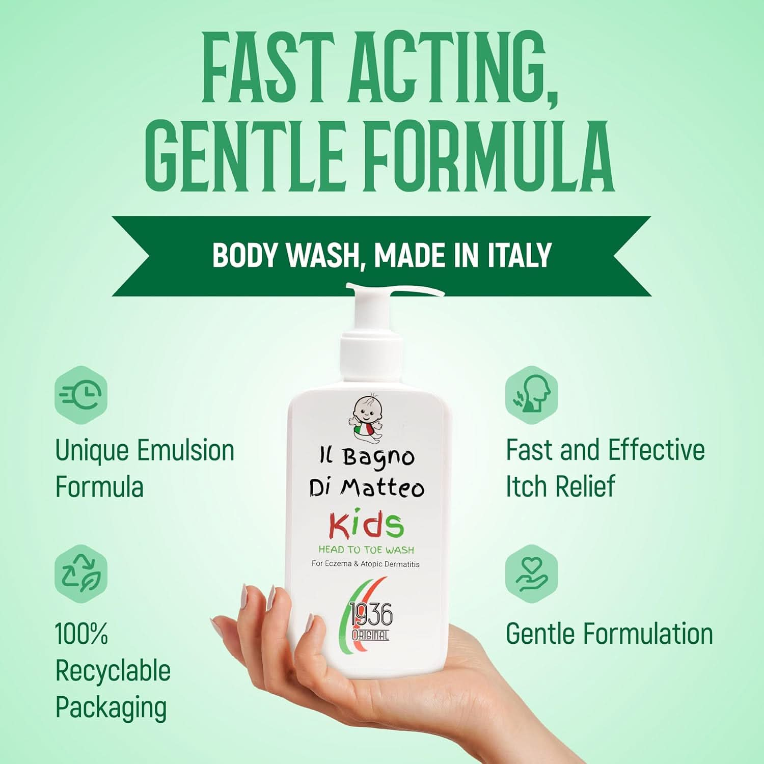 A hand holds a bottle of 1936 Original Il Bagno Body Wash against a green backdrop. The text emphasizes its fast-acting, gentle formulation and unique emulsion for itch relief, packaged in recyclable materials. Expertly crafted in Italy to care for your child's delicate skin using 95% natural ingredients.