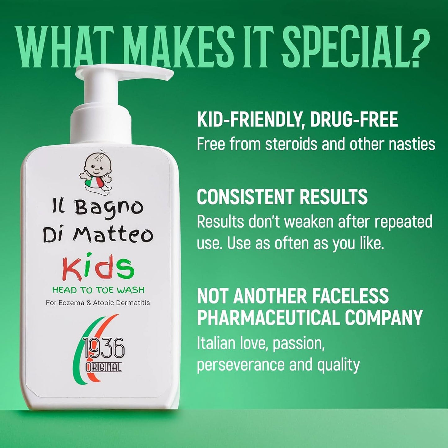 A green background showcases a bottle of Il Bagno Body Wash from 1936 Original. The text highlights key features: kid-friendly, drug-free, consistent results, and not a faceless pharmaceutical company. It emphasizes Italian love and quality with gentle itch relief for your little ones, perfect for eczema, atopic dermatitis, psoriasis, and dry skin with its fast-acting and gentle formulation made from 95% natural ingredients.