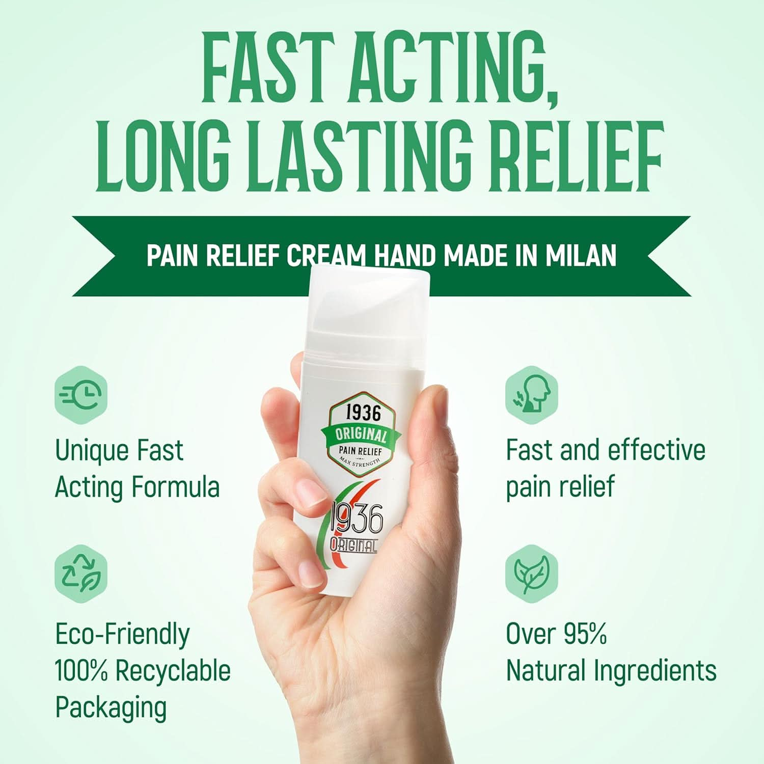 Hand holds a bottle of 1936 Original Pain Relief Cream, designed for 12-hour relief from muscle and joint pain using natural anti-inflammatory ingredients.